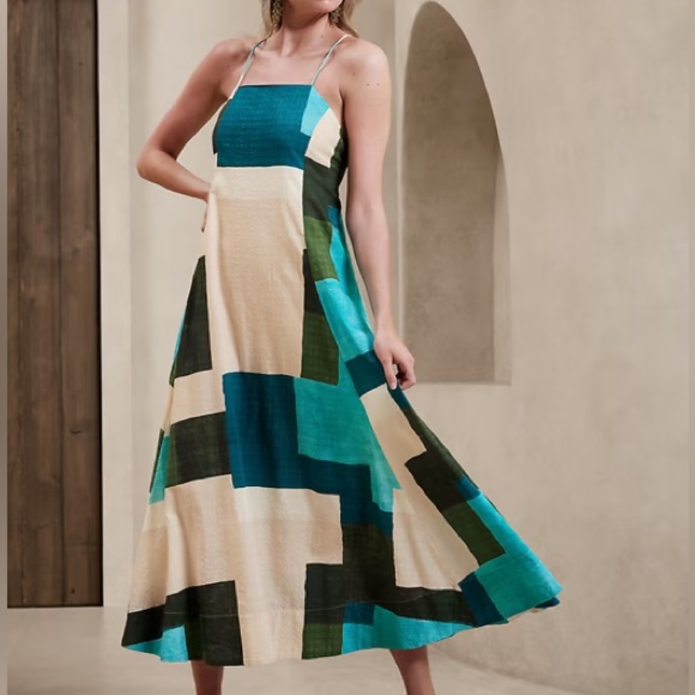 Banana Republic Sandy Beach Square Neck Blue Green Criss Cross Maxi Dress Small